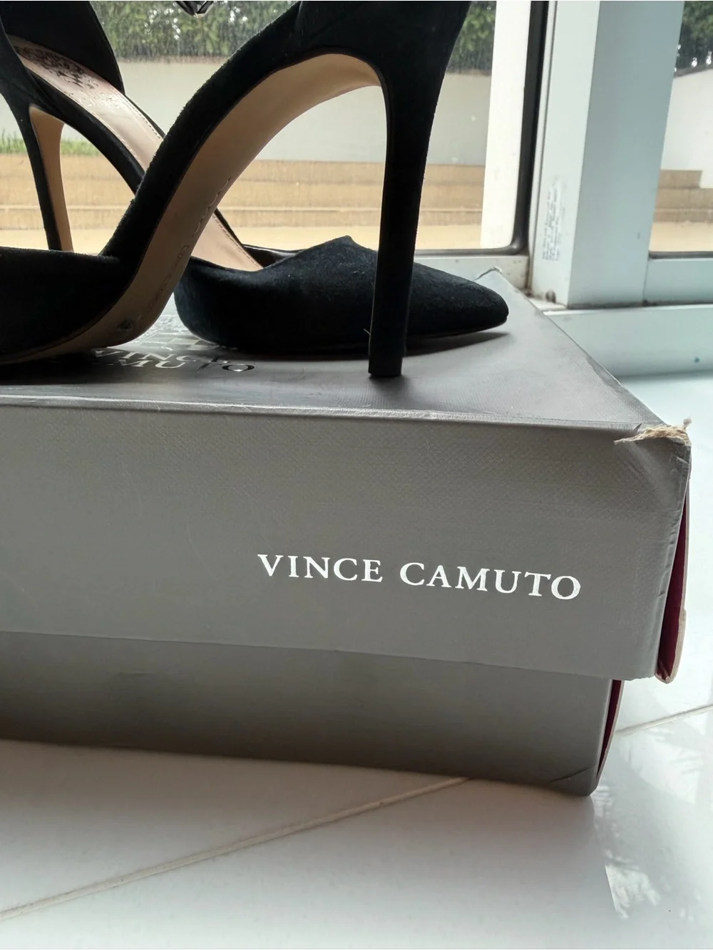 Vince Camuto Black Suede Pointed-Toe Ankle-Strap Heels